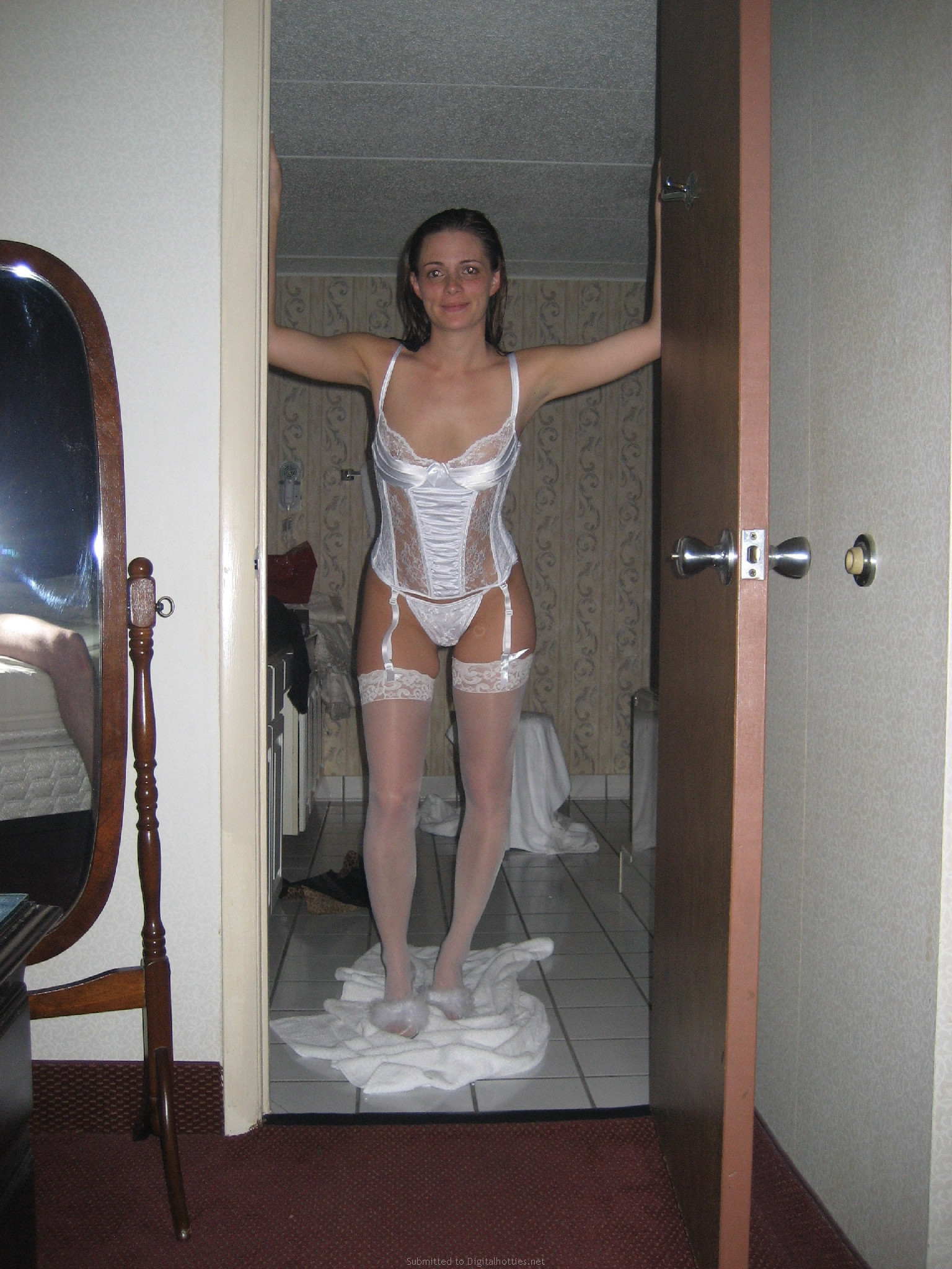 Amateur Girlfriend with Tanlines Wearing White Stockings